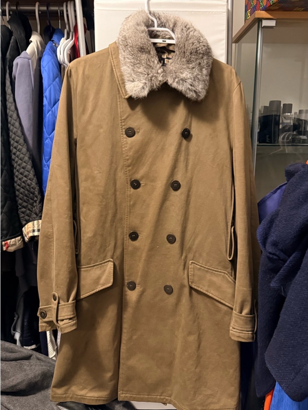 HUGO BOSS Double-Breasted Trench Coat with real Fur Collar